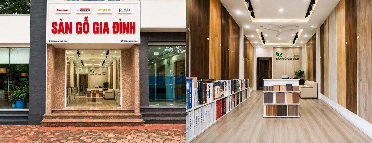 Showroom Sàn Gỗ Gia Đình trưng bày sàn gỗ Kosmos, Egger, Povar và vật liệu nội thất