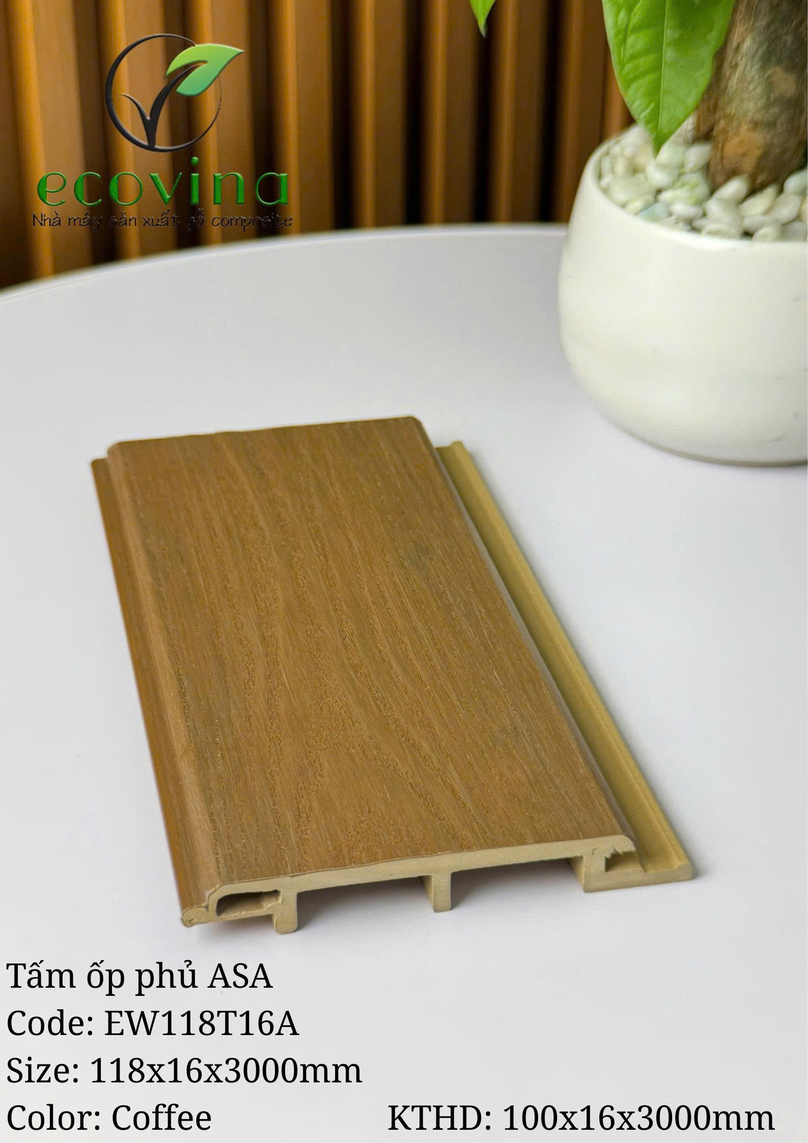 Tấm ốp trần, ốp tường gỗ composite 2 lớp phủ ASA Ecovina EW118T16 màu Coffee