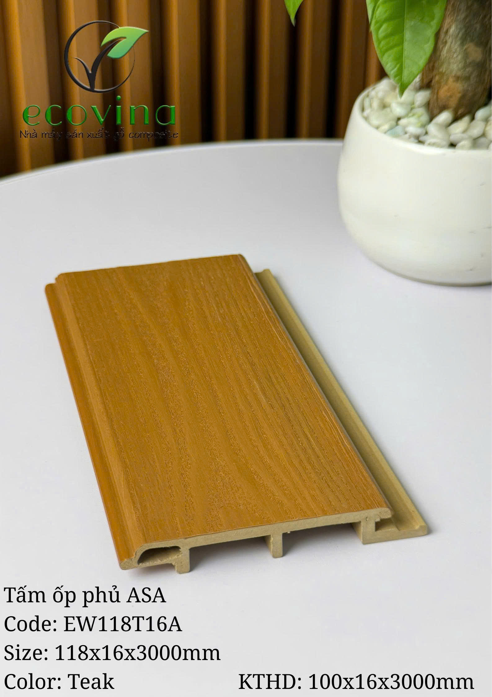 Tấm ốp trần, ốp tường gỗ composite 2 lớp phủ ASA Ecovina EW118T16 màu Teak