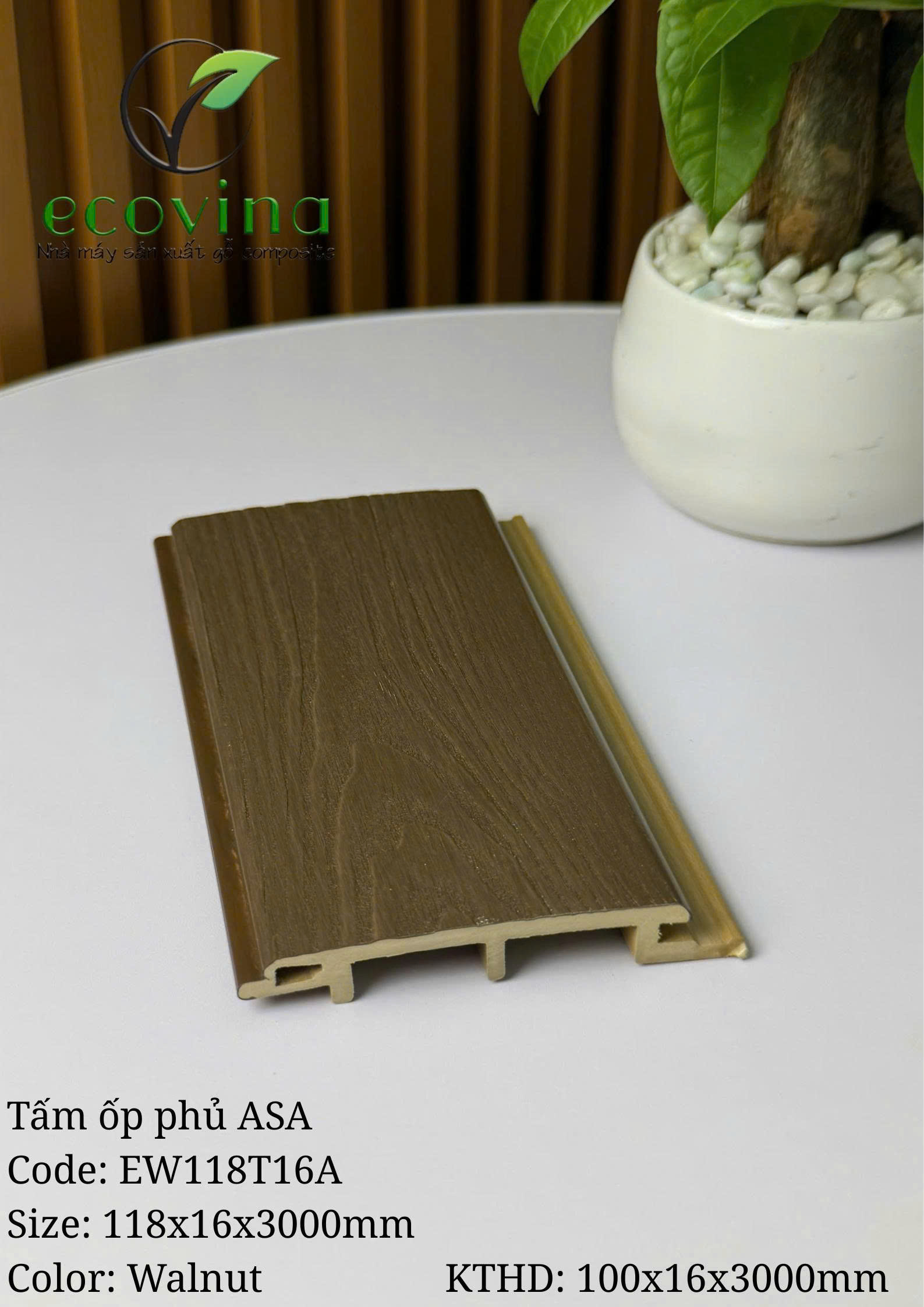 Tấm ốp trần, ốp tường gỗ composite 2 lớp phủ ASA Ecovina EW118T16 màu Walnut