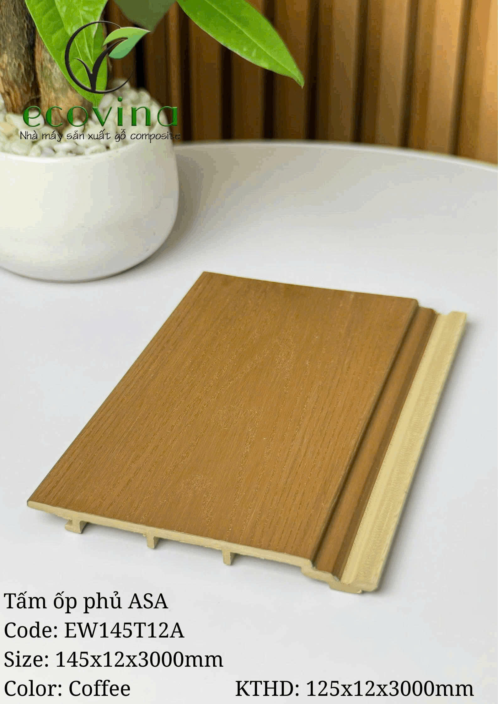 Tấm ốp trần, ốp tường gỗ composite 2 lớp phủ ASA Ecovina EW145T12 màu Coffee