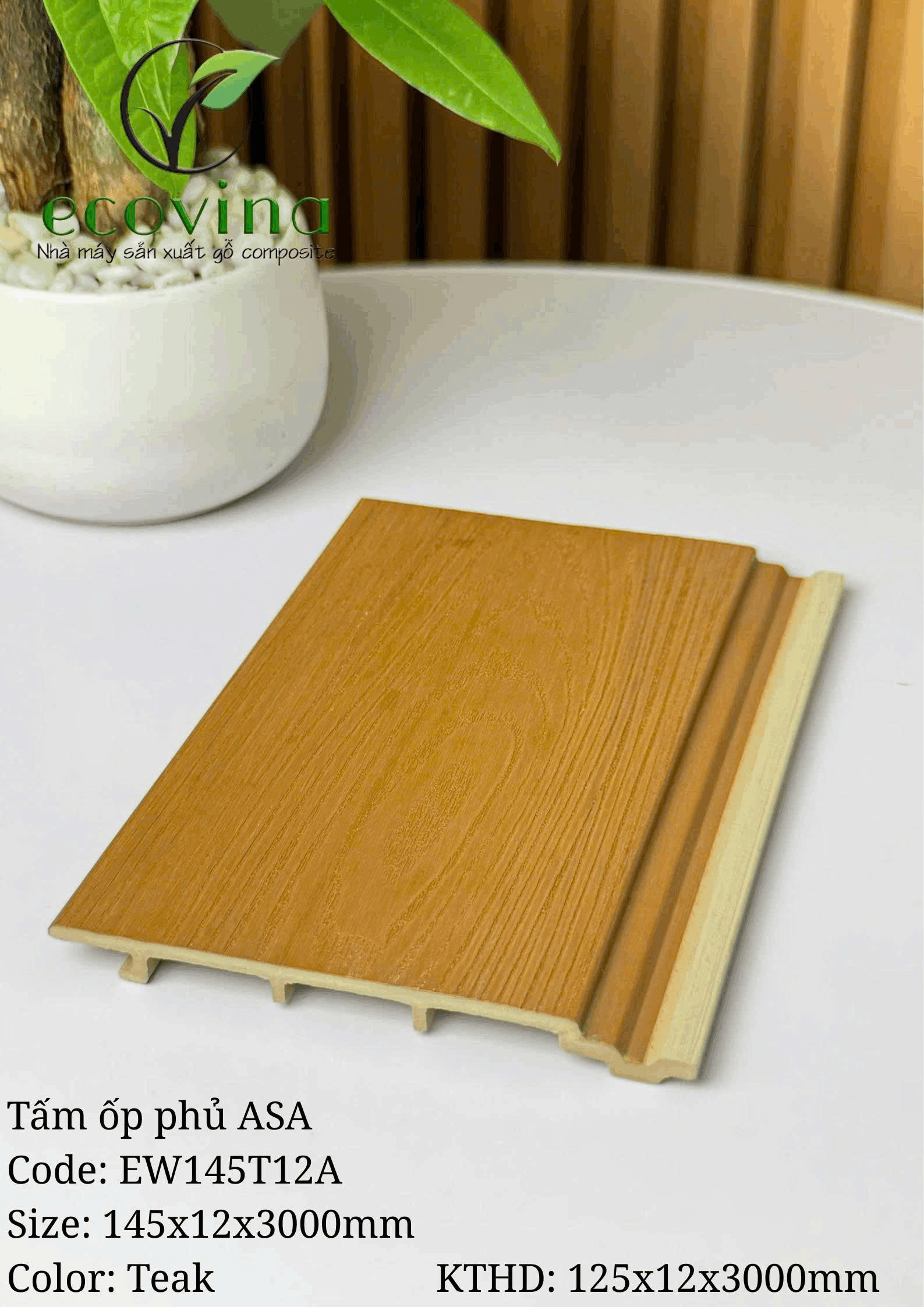 Tấm ốp trần, ốp tường gỗ composite 2 lớp phủ ASA Ecovina EW145T12 màu Teak