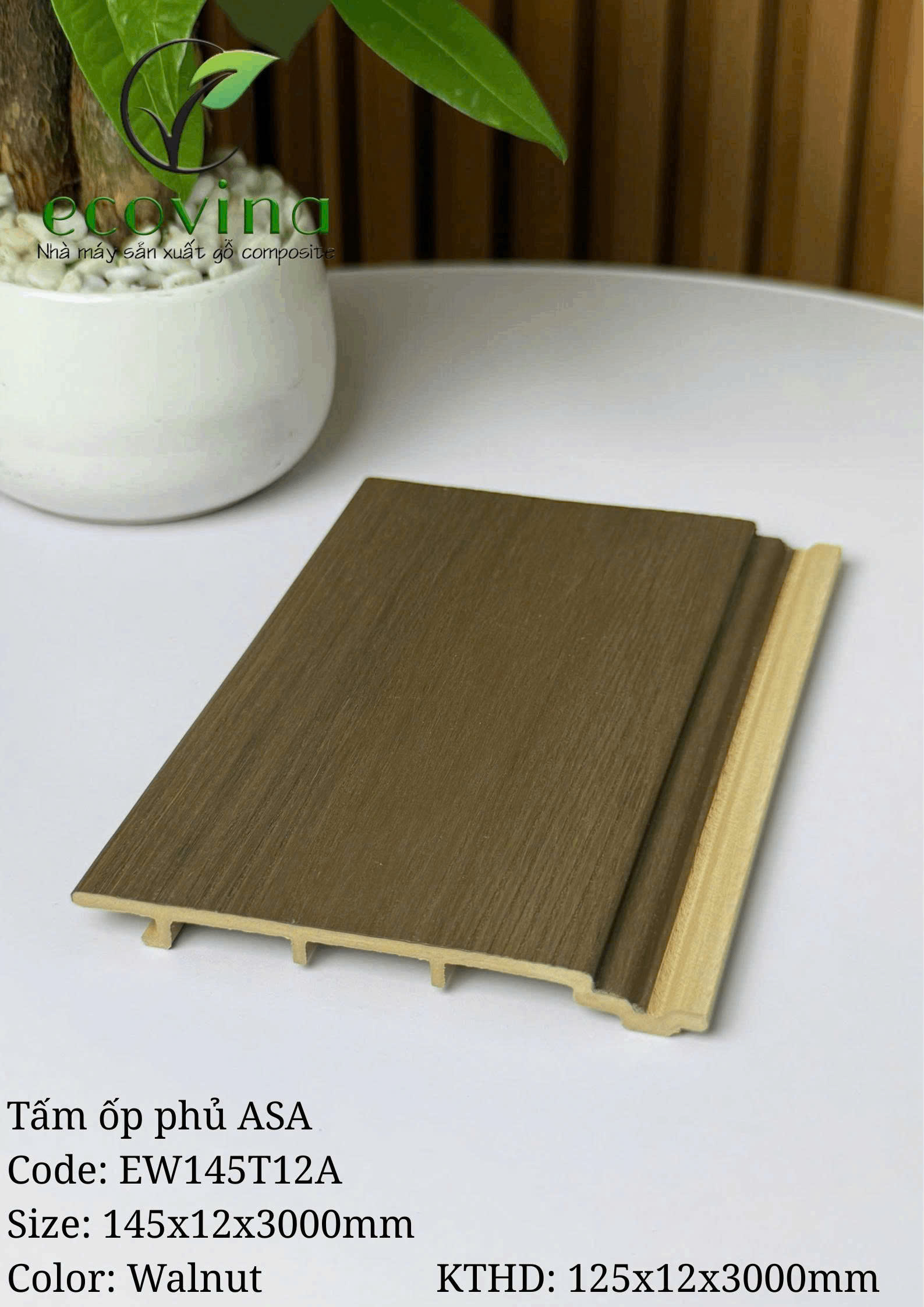Tấm ốp trần, ốp tường gỗ composite 2 lớp phủ ASA Ecovina EW145T12 màu Walnut