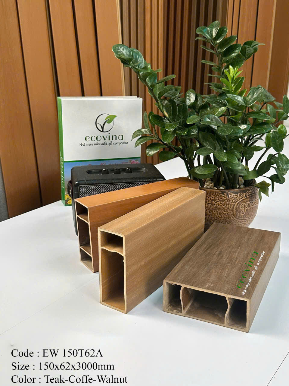 Lam gỗ composite phủ ASA Ecovina EW150T62 màu Teak, Coffee, Walnut
