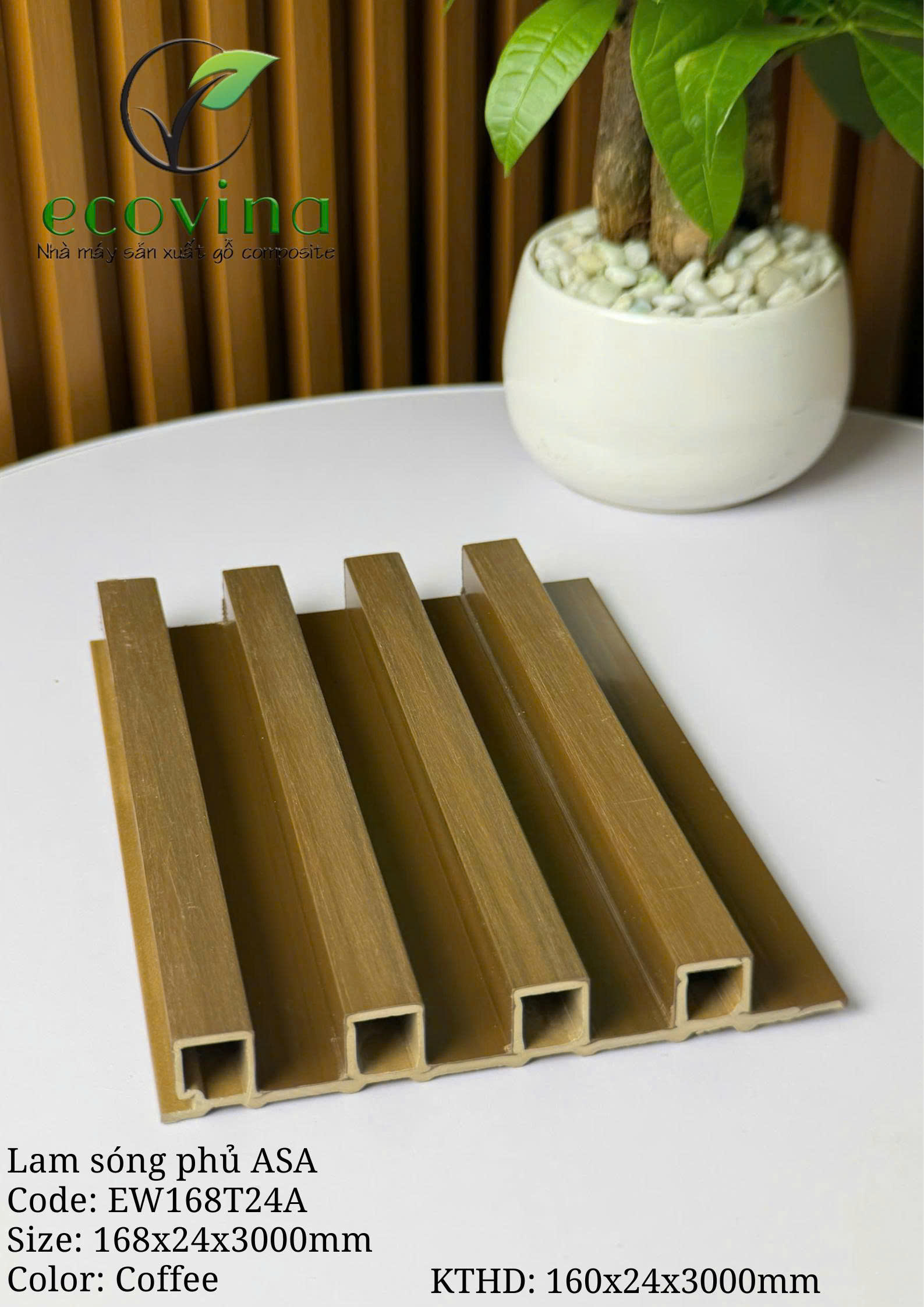 Tấm ốp trần, ốp tường gỗ composite 2 lớp phủ ASA Ecovina EW168T24 màu Coffee