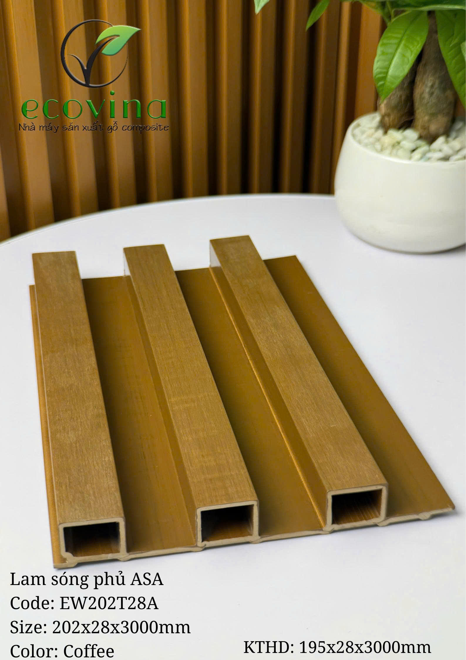 Tấm ốp trần, ốp tường gỗ composite 2 lớp phủ ASA Ecovina EW202T28 màu Coffee