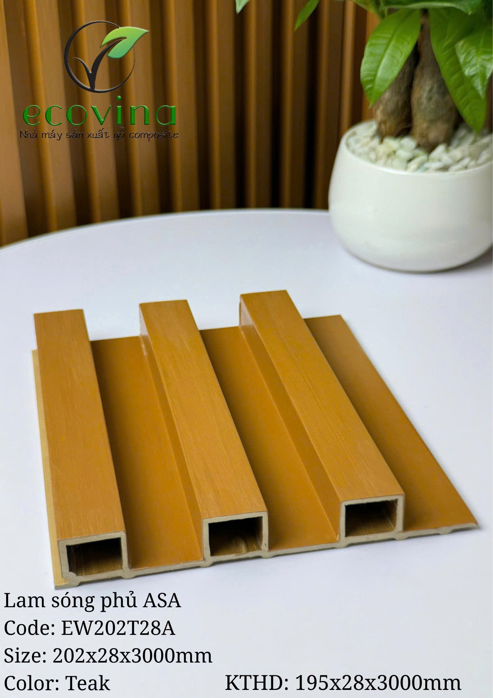 Tấm ốp trần, ốp tường gỗ composite 2 lớp phủ ASA Ecovina EW202T28 màu Teak