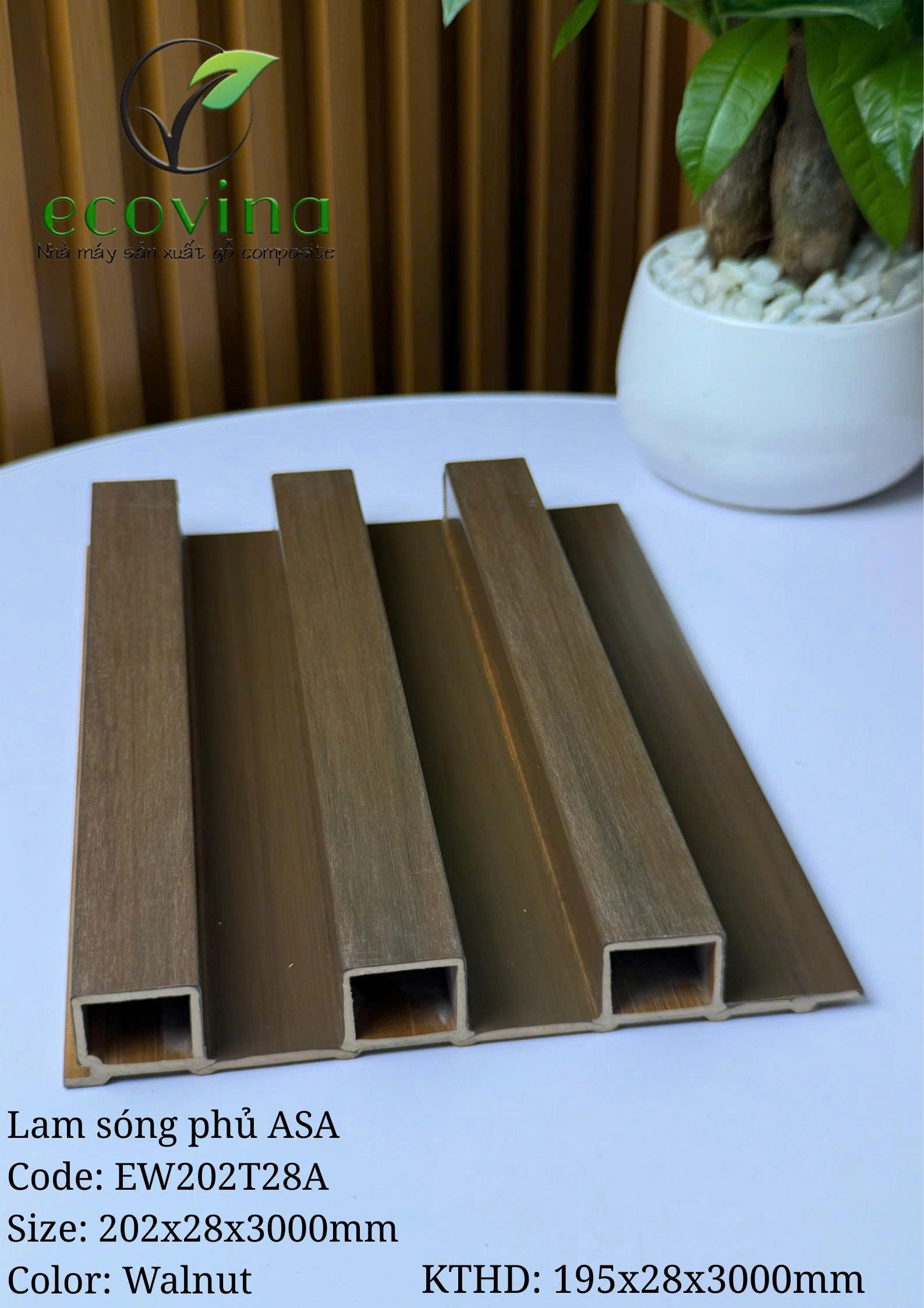 Tấm ốp trần, ốp tường gỗ composite 2 lớp phủ ASA Ecovina EW202T28 màu Walnut