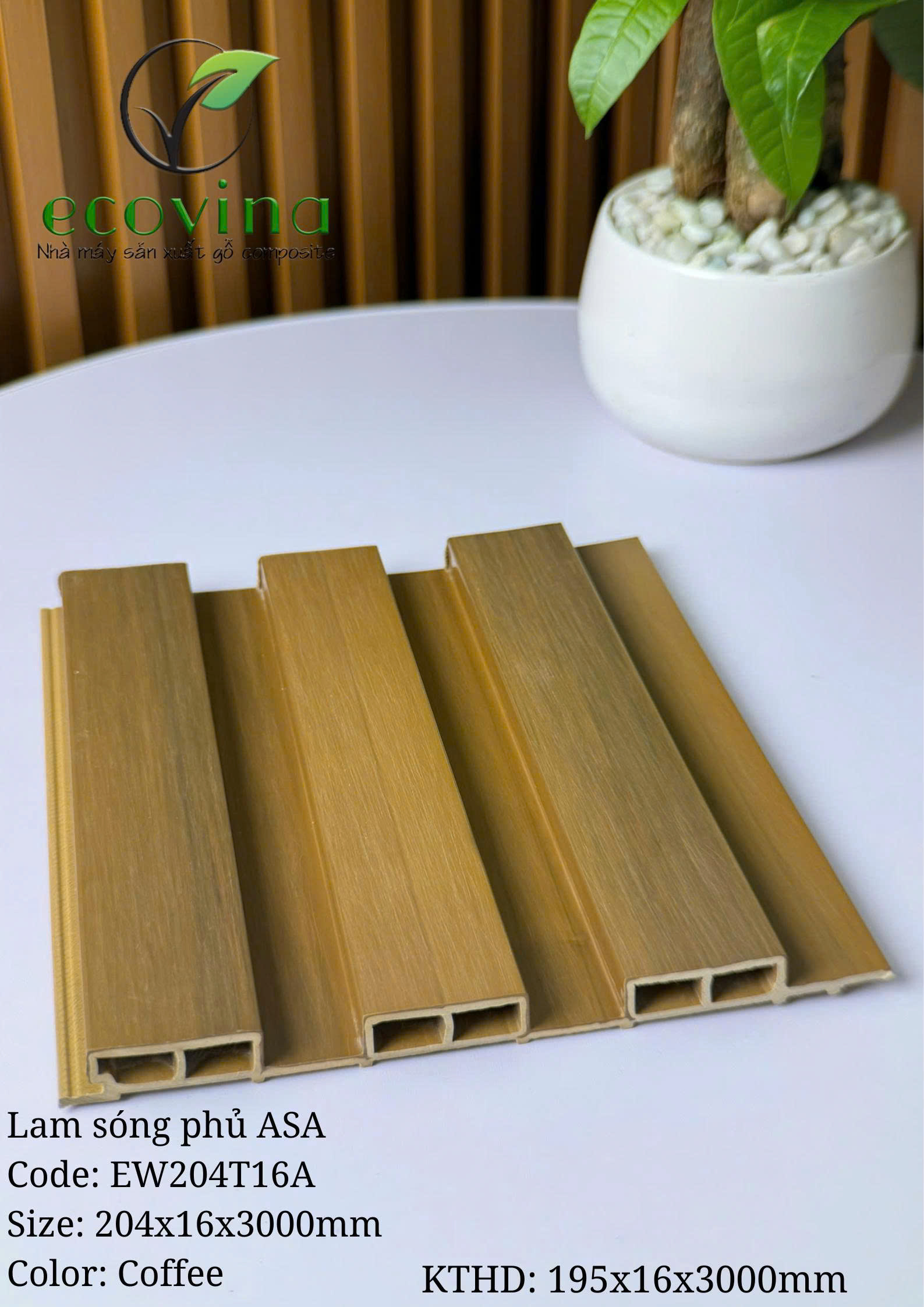Tấm ốp trần, ốp tường gỗ composite 2 lớp phủ ASA Ecovina EW204T16 màu Coffee