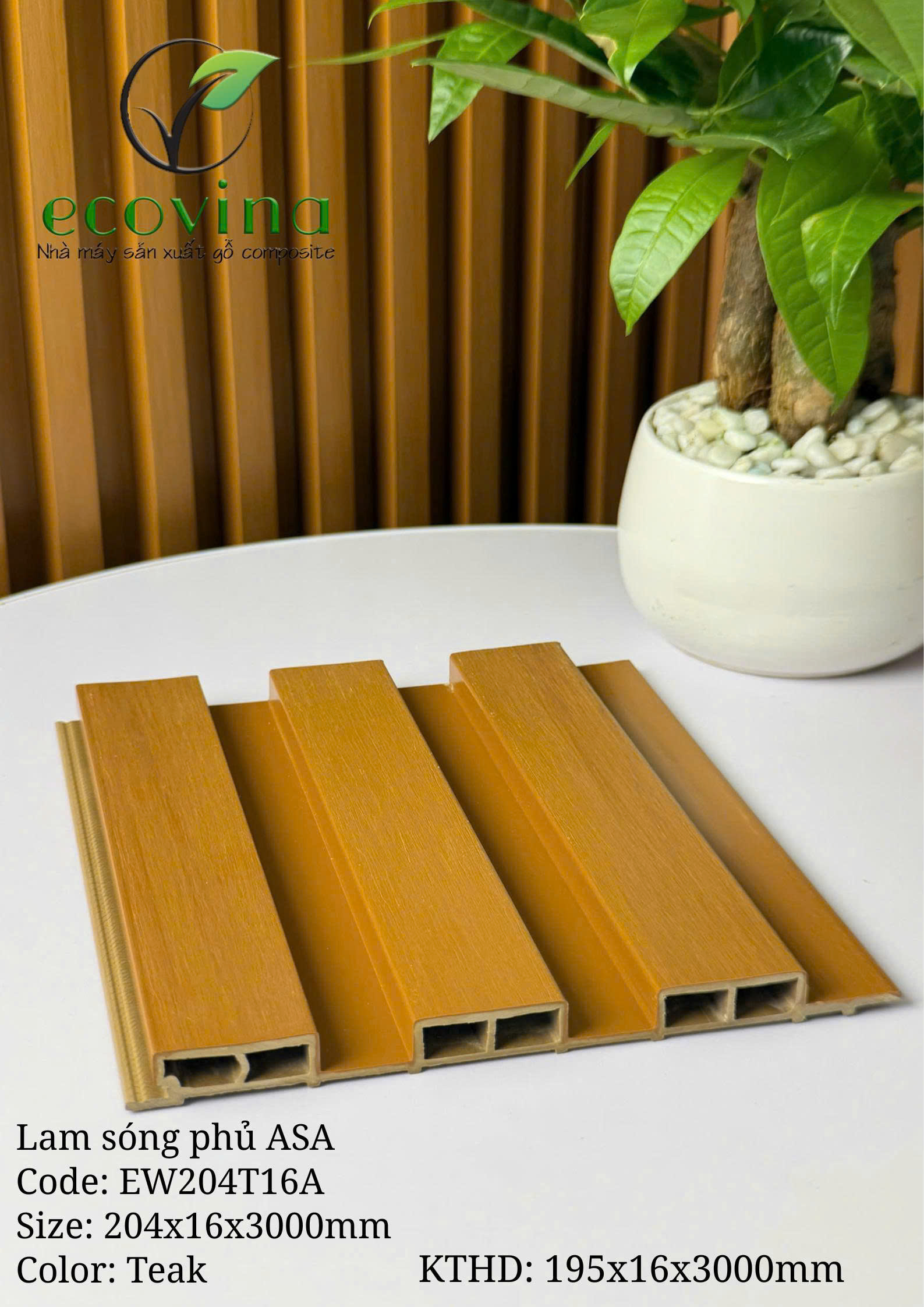 Tấm ốp trần, ốp tường gỗ composite 2 lớp phủ ASA Ecovina EW204T16 màu Teak