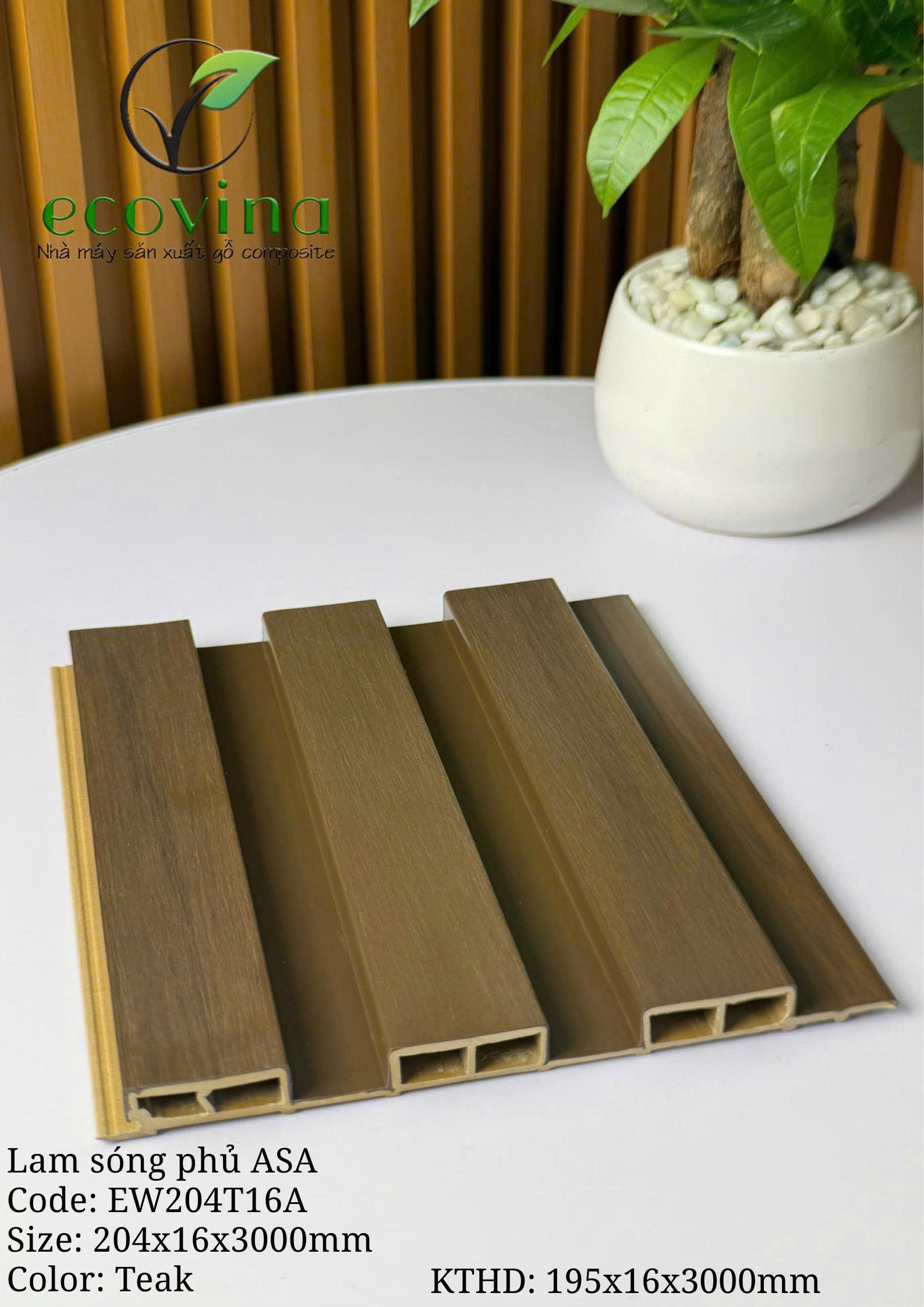 Tấm ốp trần, ốp tường gỗ composite 2 lớp phủ ASA Ecovina EW204T16 màu Teak