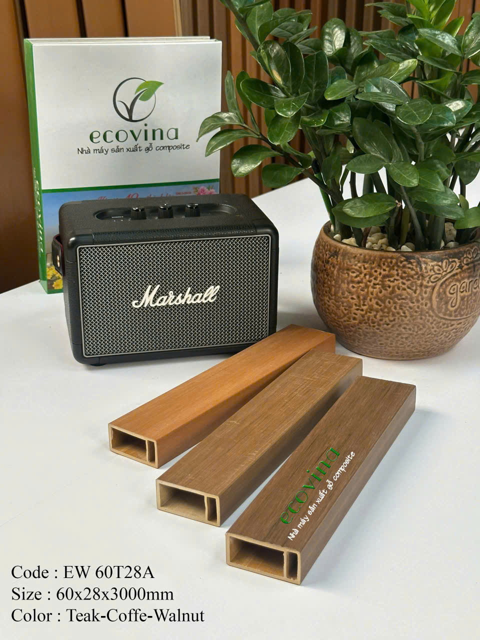 Lam gỗ composite phủ ASA Ecovina EW60T28 màu Teak, Coffee, Walnut