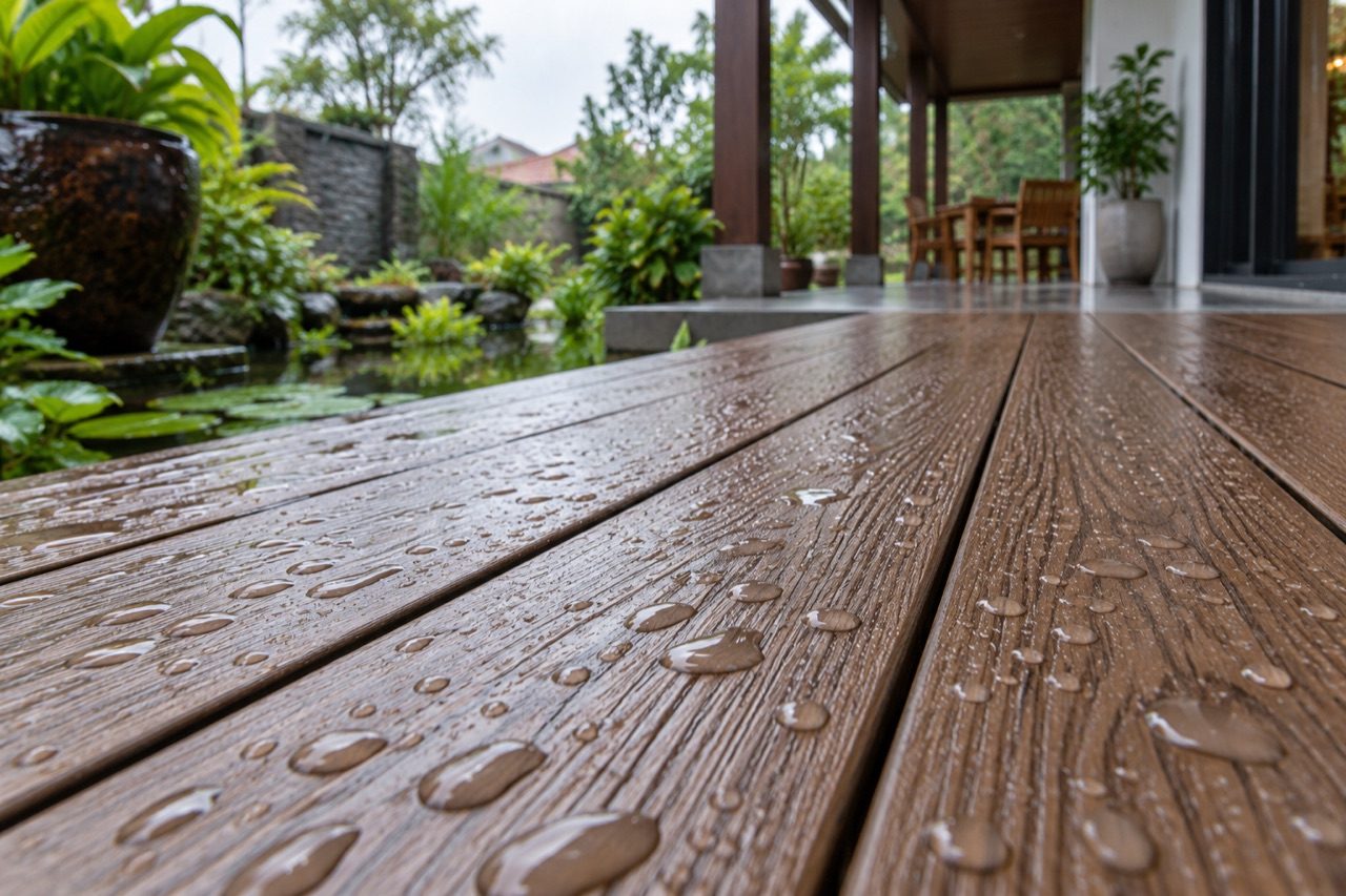 Bề mặt thanh gỗ nhựa ngoài trời có vân gỗ khi gặp mưa