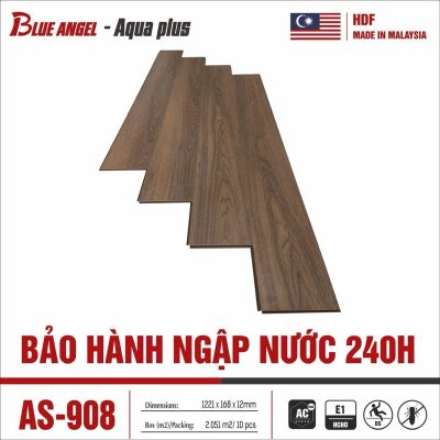 Sàn gỗ Blue Angel Aqua Plus AS-908 12mm màu nâu gỗ, vân gỗ thẳng