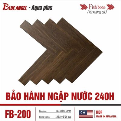 Sàn gỗ xương cá Blue Angel Aqua Plus FB-200 12mm màu nâu đậm, vân gỗ lát xương cá