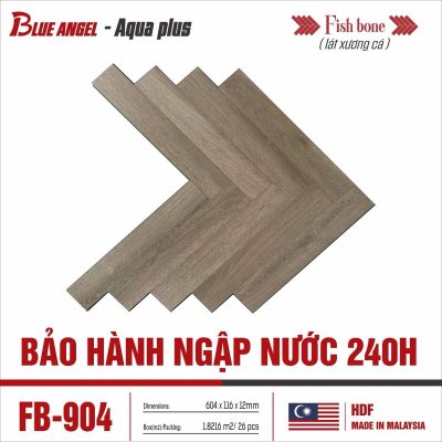 Sàn gỗ xương cá Blue Angel Aqua Plus FB-904 12mm màu nâu xám, vân gỗ xương cá