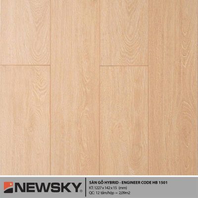 Sàn gỗ Newsky Hybrid Engineer HB1501, ảnh tem và mẫu thật, quy cách 1227×142×15mm