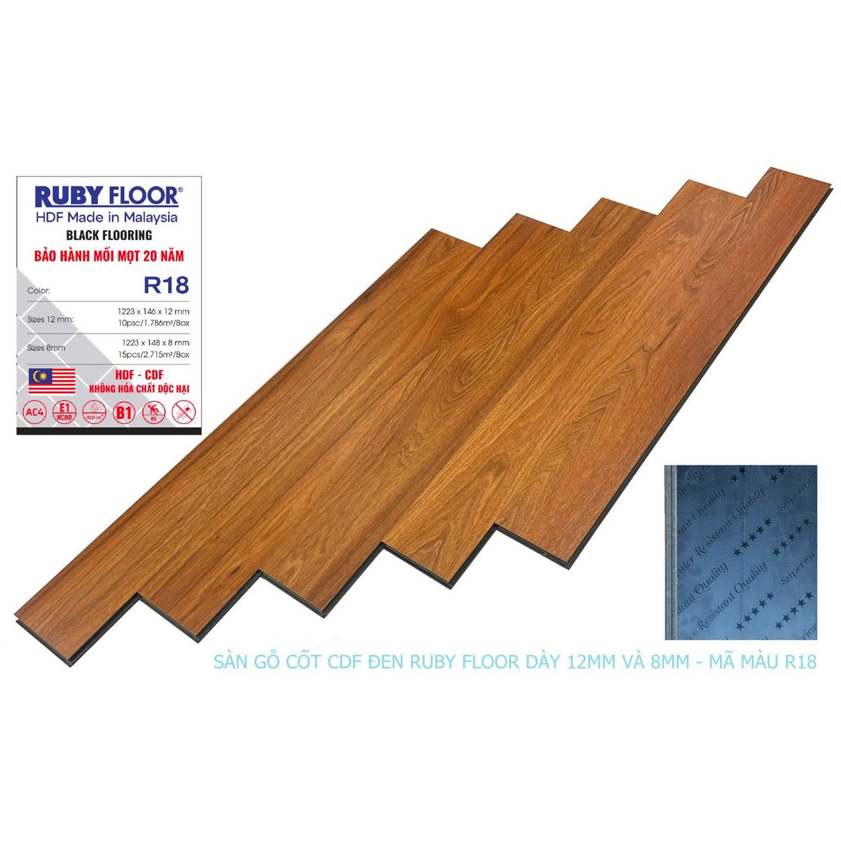 Sàn Gỗ Ruby Floor Cốt đen 12mm lát thẳng R18