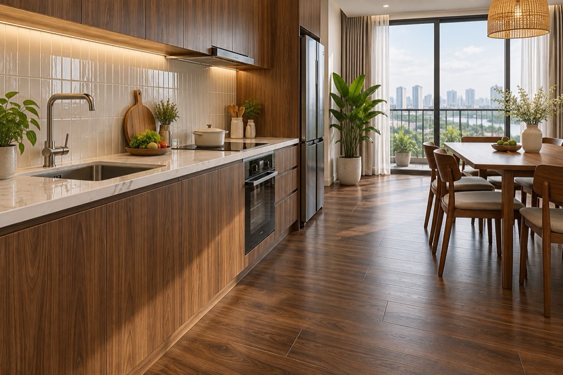 Sàn nhựa giả gỗ chống nước lát khu bếp và phòng ăn – ảnh minh hoạ