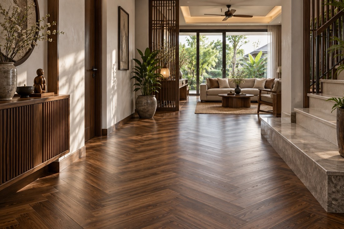 Sàn nhựa giả gỗ lát xương cá màu nâu óc chó trong hành lang và phòng khách – ảnh minh hoạ