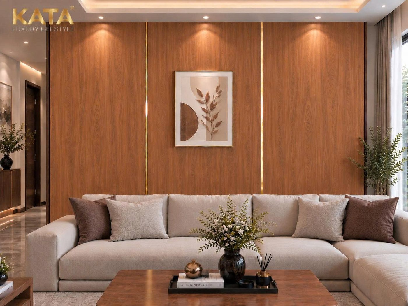 Phòng khách ốp tường tấm nano vân gỗ