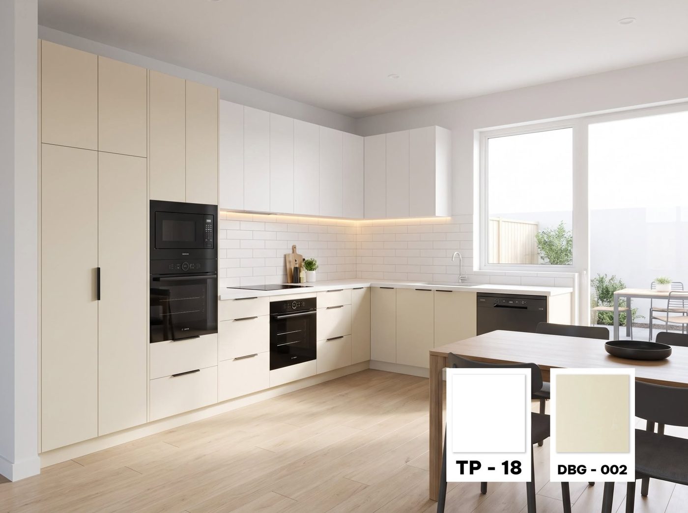 Phòng khách và bếp mở ốp tấm than tre tông trắng kem
