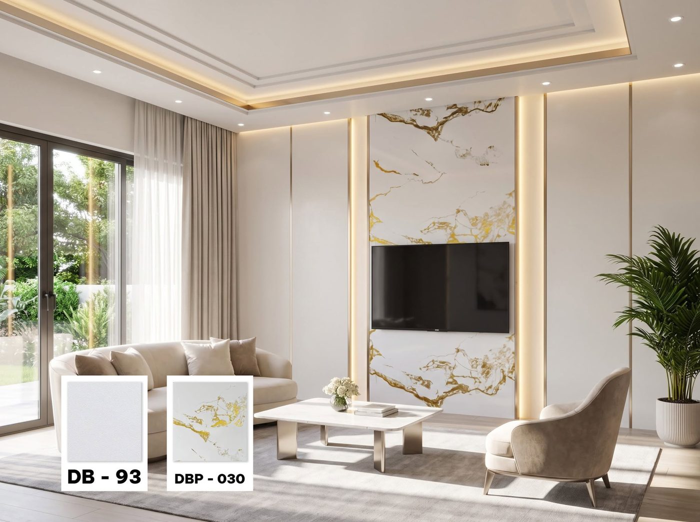 Phòng khách ốp tấm ốp tường than tre tông be kem