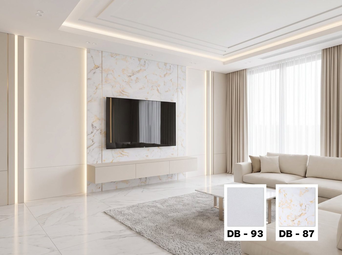 Sảnh phòng khách ốp tấm than tre tông trắng be